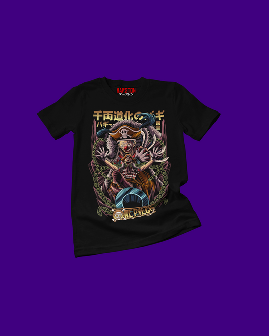 Polera negra One Piece con diseño de Buggy