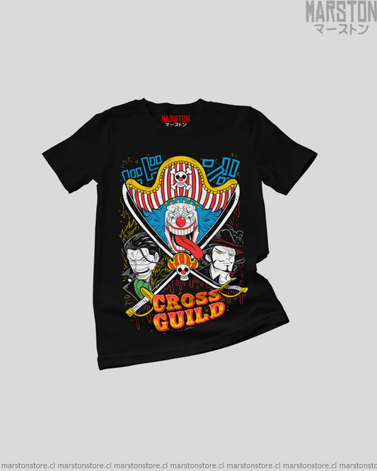 Polera negra One Piece con Cross Guild: Buggy, Dracule Mihawk y Crocodile