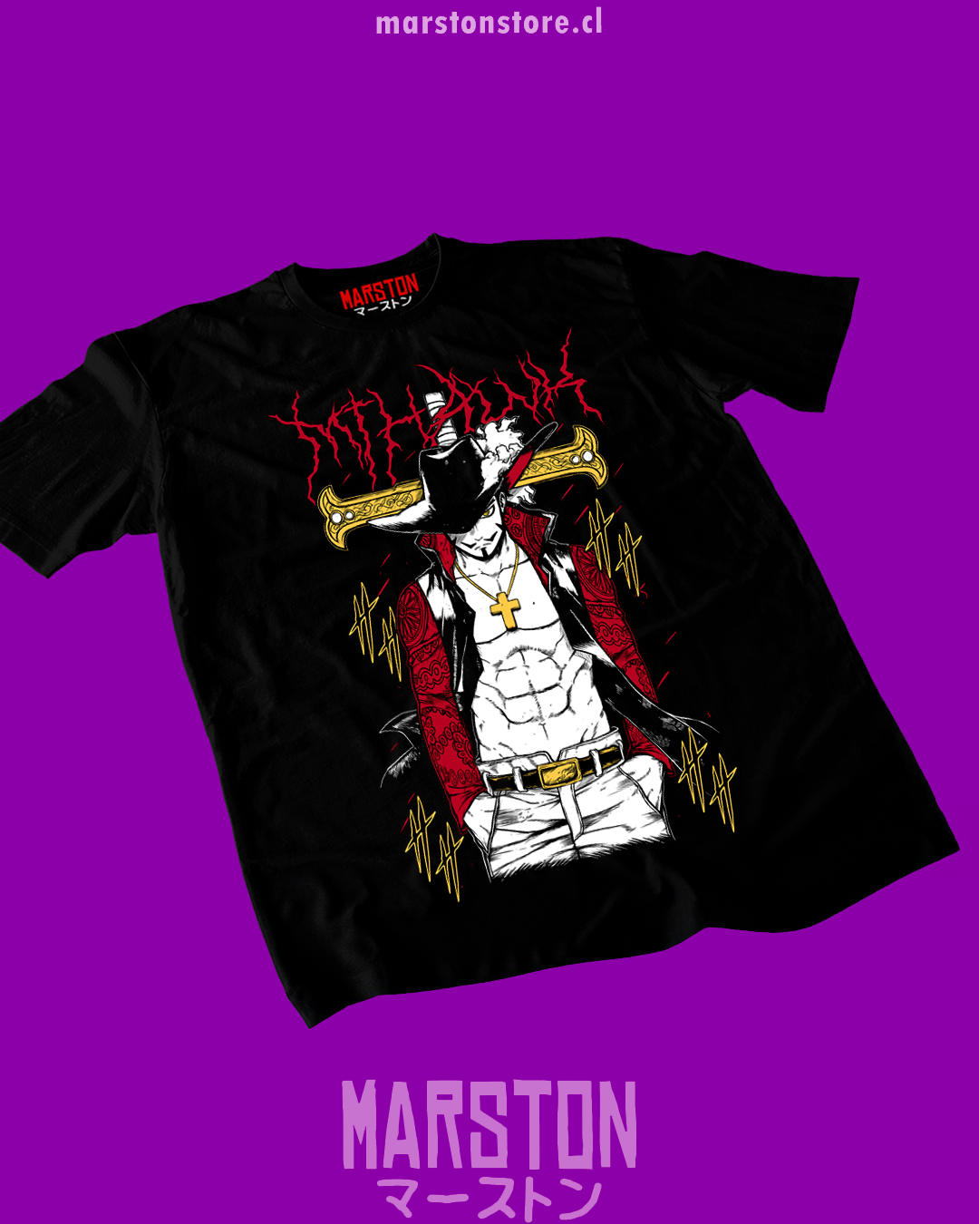 Polera negra One Piece con diseño de Dracule Mihawk