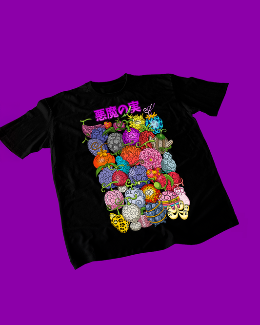 Polera negra One Piece con diseño de Frutas del Diablo