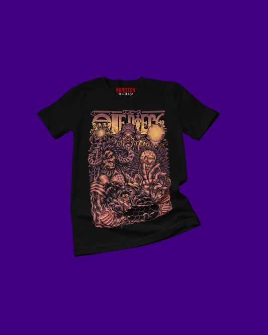 Polera negra One Piece con Kaido, Donquixote Doflamingo, Monkey D. Luffy y Buggy