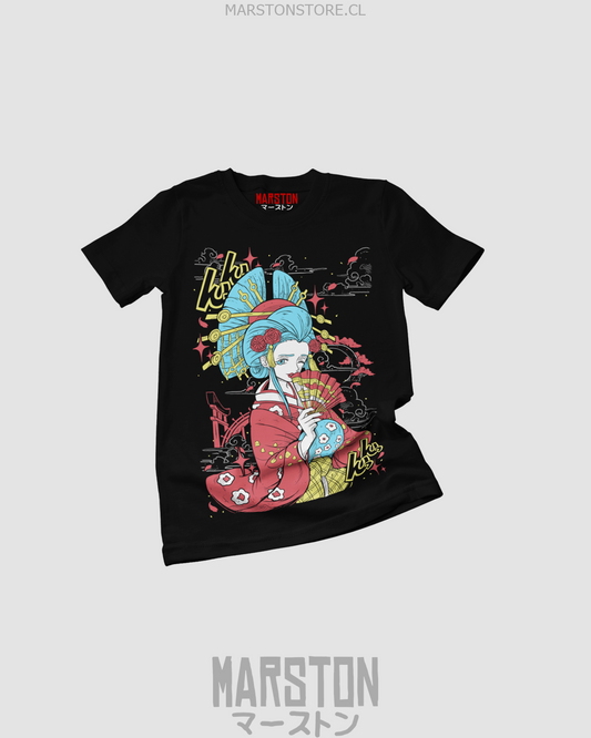 Polera negra One Piece con diseño de Kozuki Hiyori
