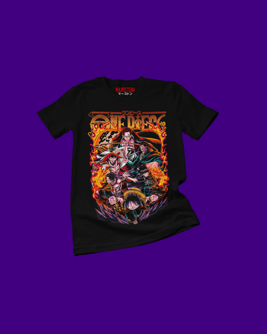 Polera negra One Piece con Monkey D. Luffy, Portgas D. Ace, Sabo, Edward Newgate y Shanks