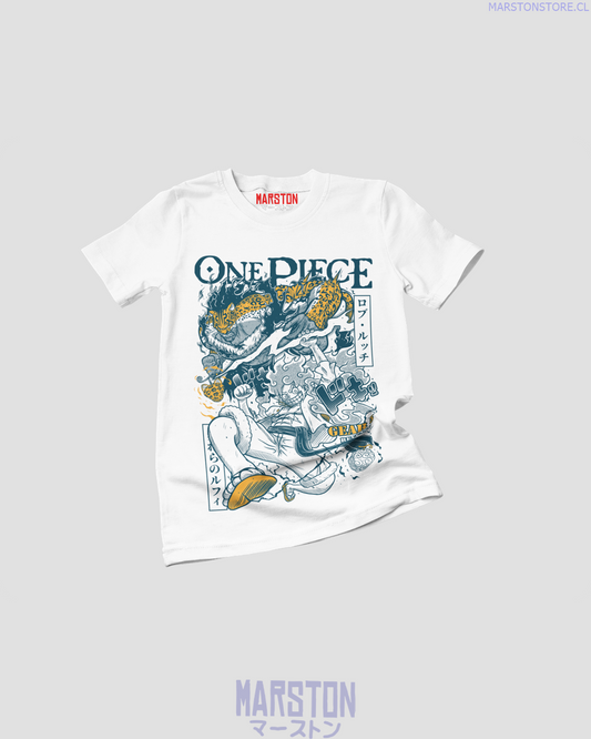 Polera One Piece con Monkey D. Luffy en Gear 5 contra Rob Lucci