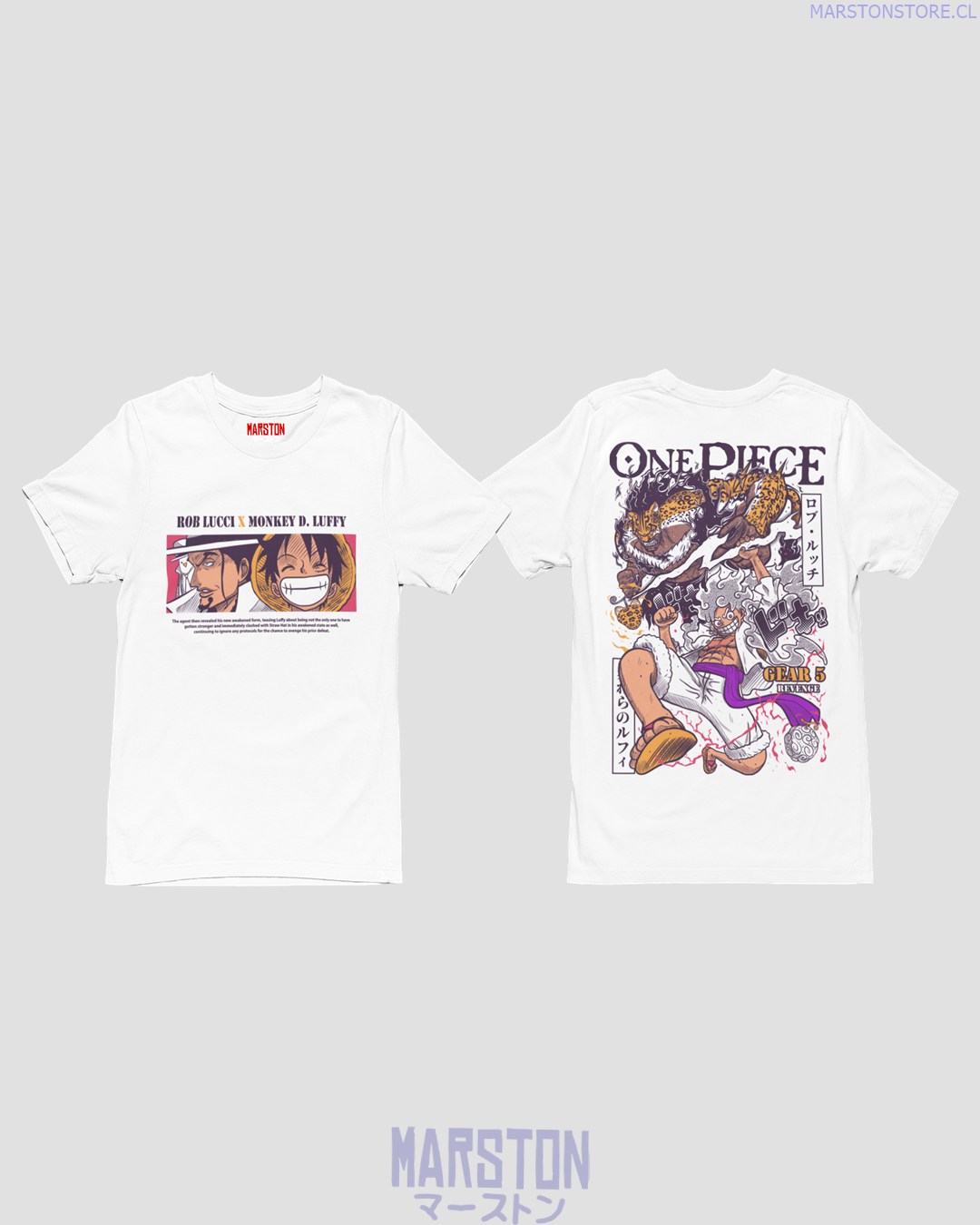 Polera blanca One Piece con Monkey D. Luffy en Gear 5 contra Rob Lucci