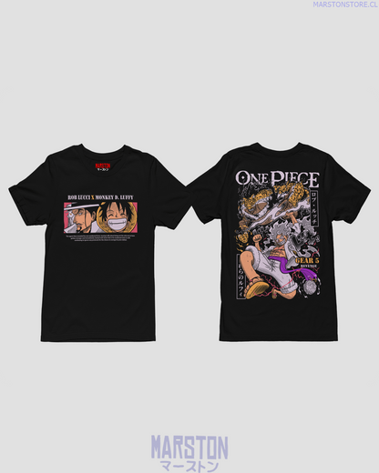 Polera negra One Piece con Monkey D. Luffy en Gear 5 contra Rob Lucci