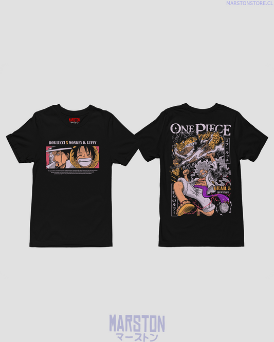 Polera negra One Piece con Monkey D. Luffy en Gear 5 contra Rob Lucci