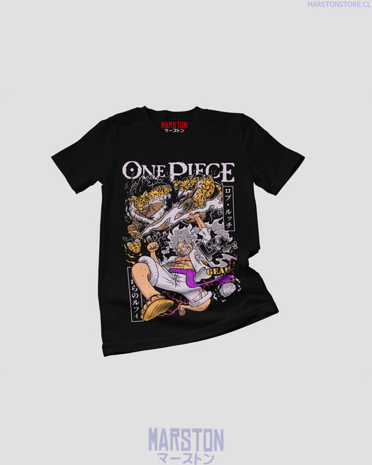 Polera negra One Piece con Monkey D. Luffy en Gear 5 contra Rob Lucci