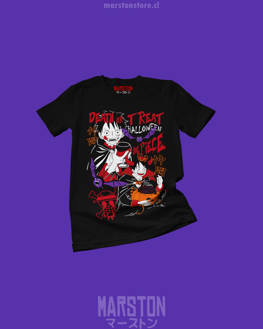 Polera negra One Piece con Monkey D. Luffy en diseño de Halloween