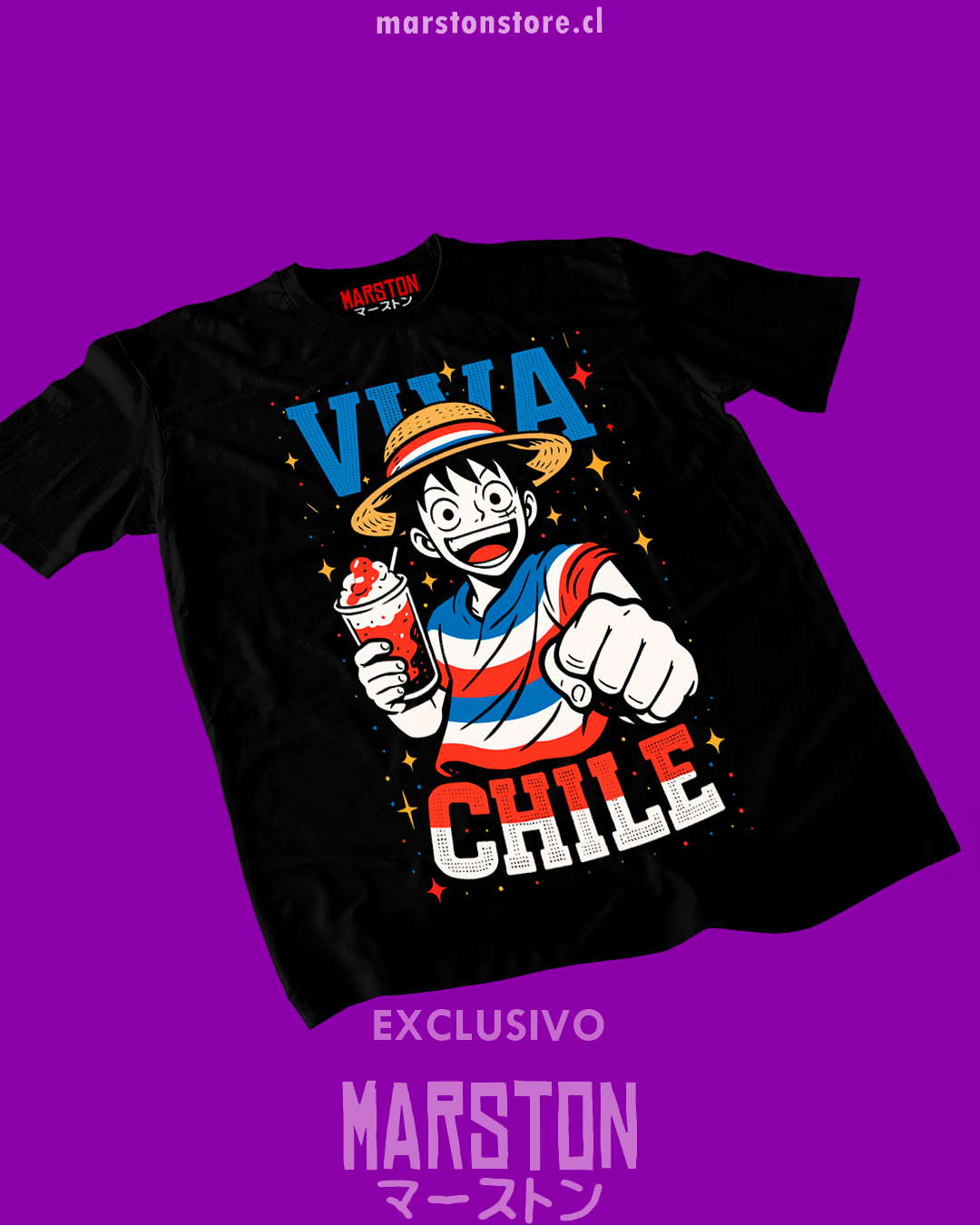 Polera negra One Piece con Monkey D. Luffy vestido de huaso para Fiestas Patrias