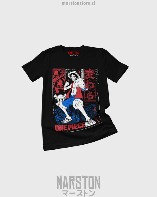 Polera negra One Piece con diseño de Monkey D. Luffy