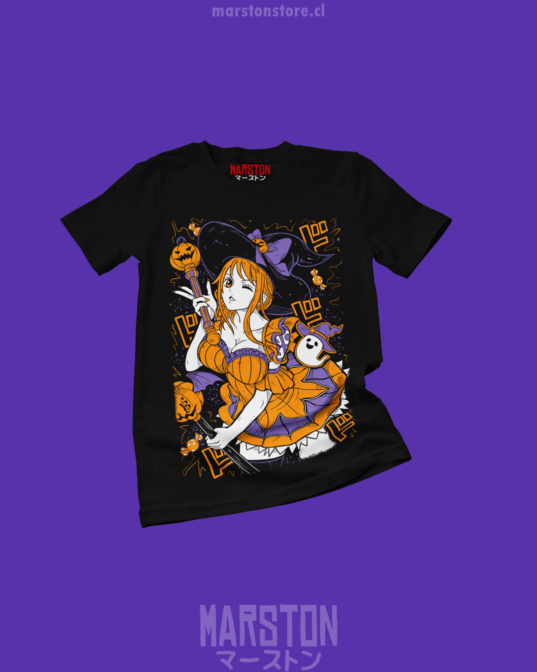 Polera negra One Piece con Nami en diseño de Halloween