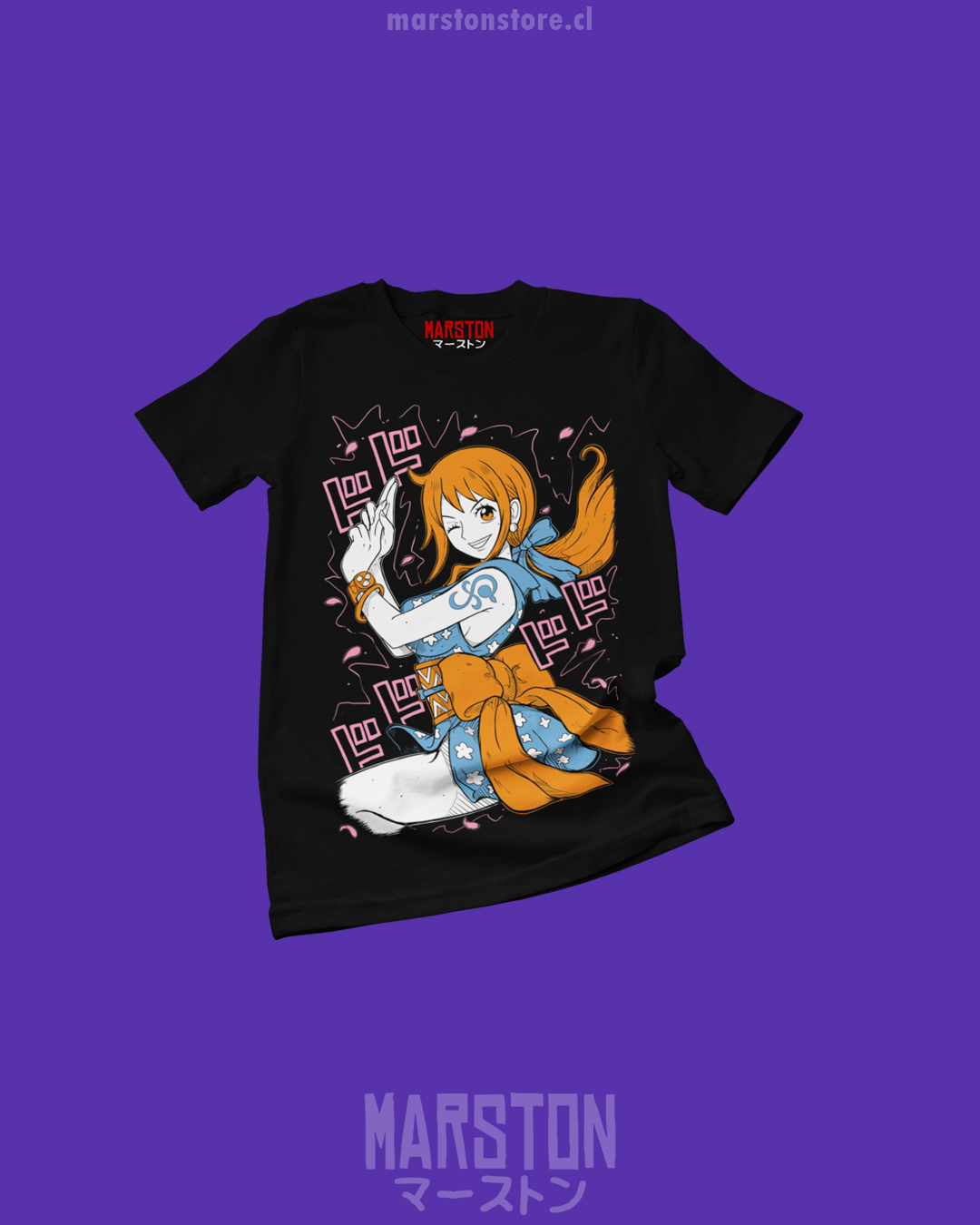 Polera negra One Piece con diseño de Nami