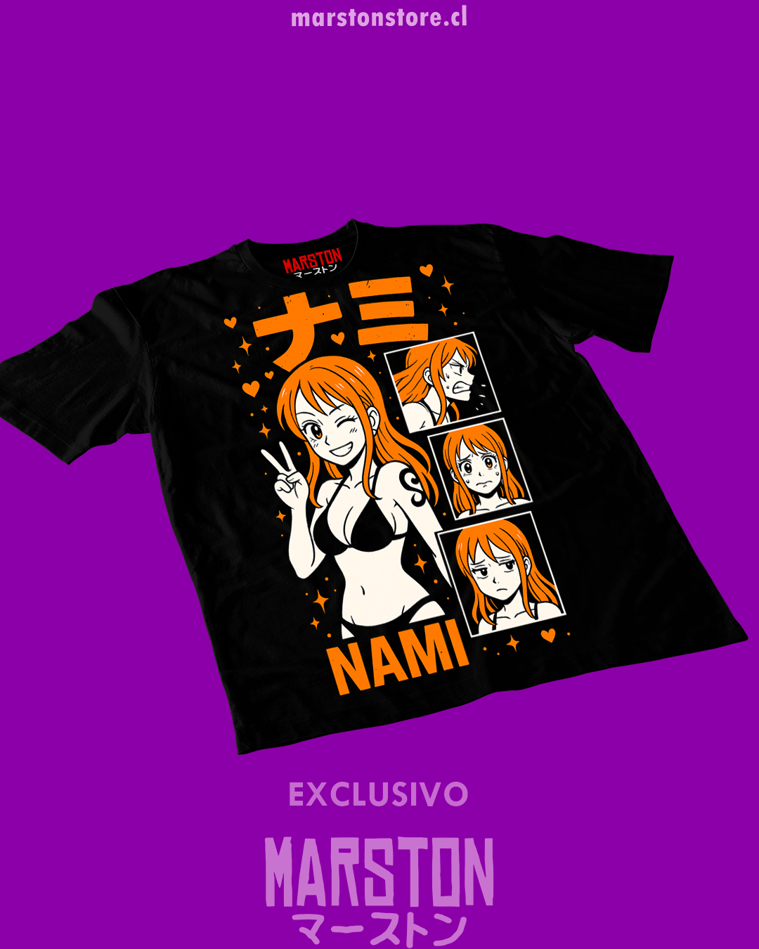 Polera negra One Piece con diseño de Nami