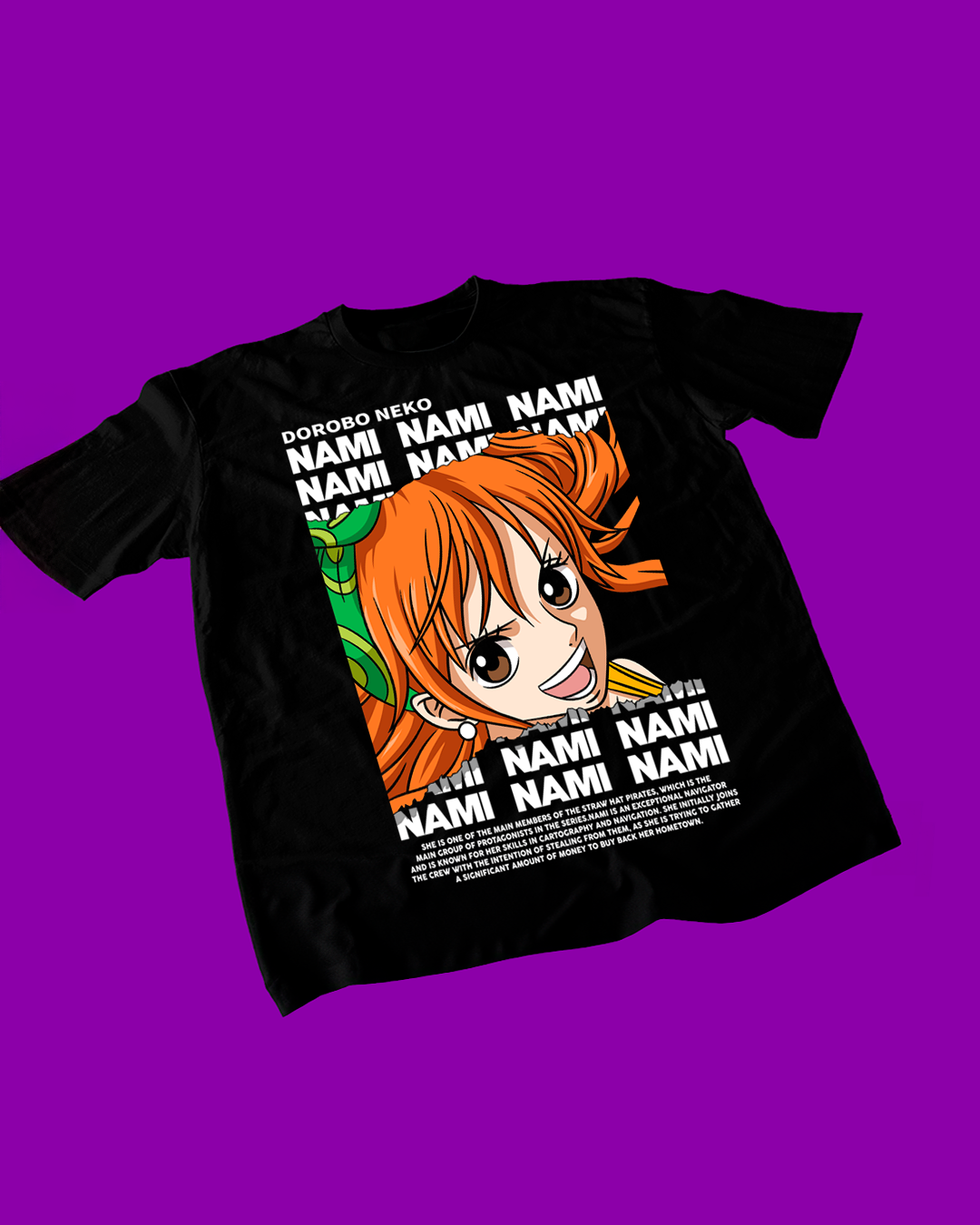 Polera negra One Piece con diseño de Nami
