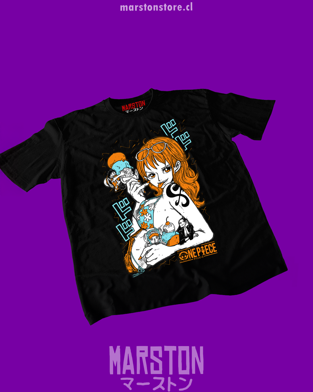 Polera negra One Piece con diseño de Nami