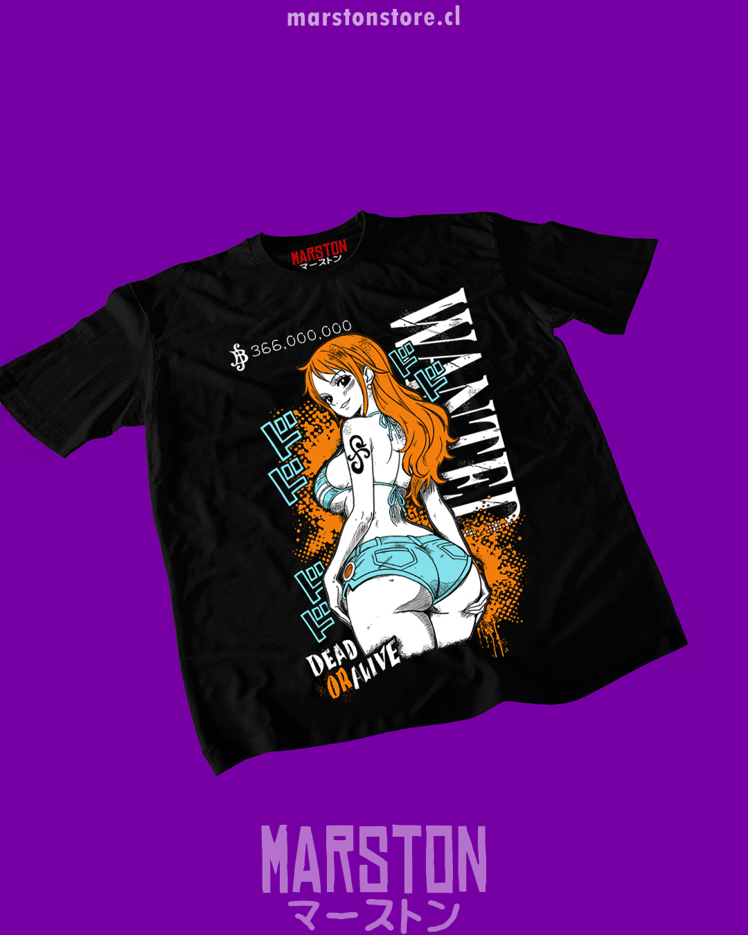 Polera negra One Piece con diseño de Nami