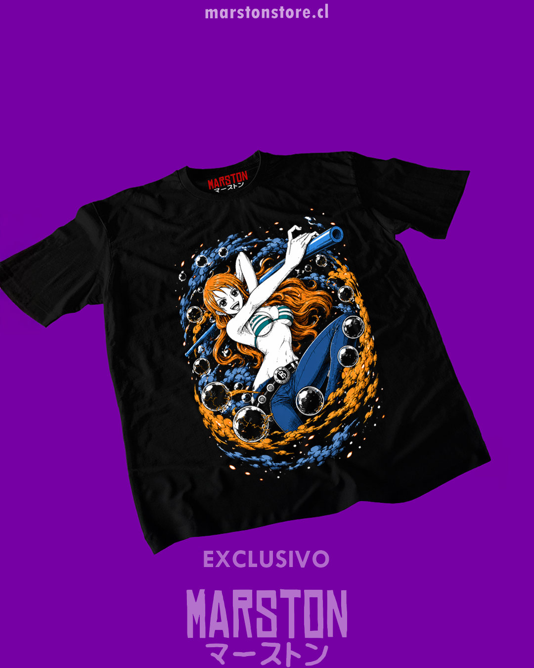 Polera negra One Piece con diseño de Nami