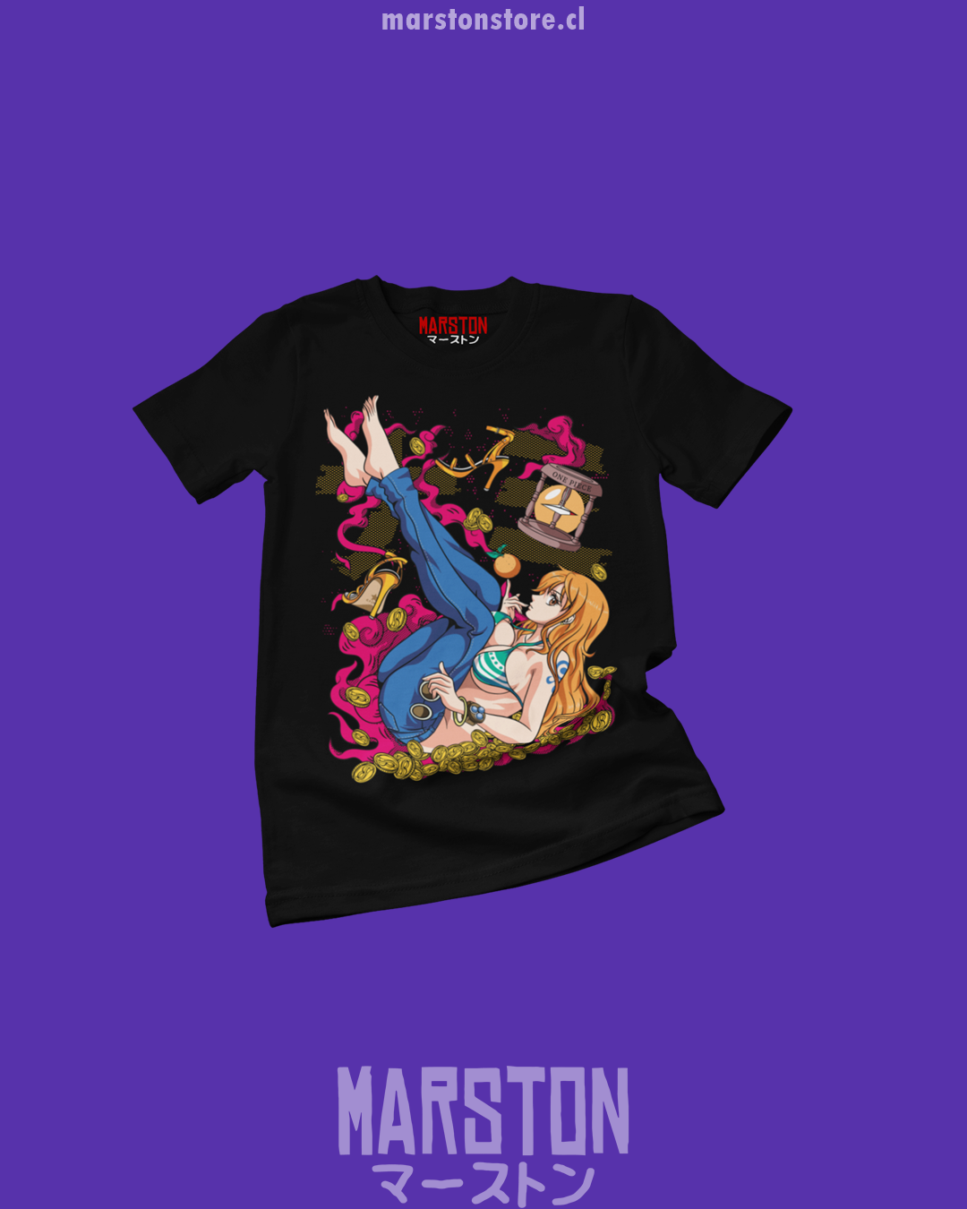 Polera negra One Piece con diseño de Nami