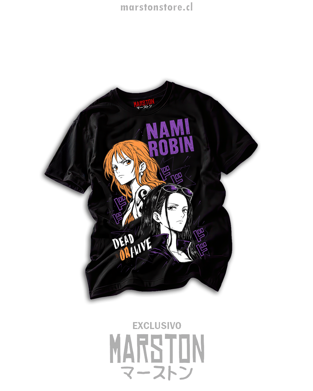 Polera negra One Piece con Nami y Nico Robin, ilustración manga naranja violeta y texto Dead or Alive