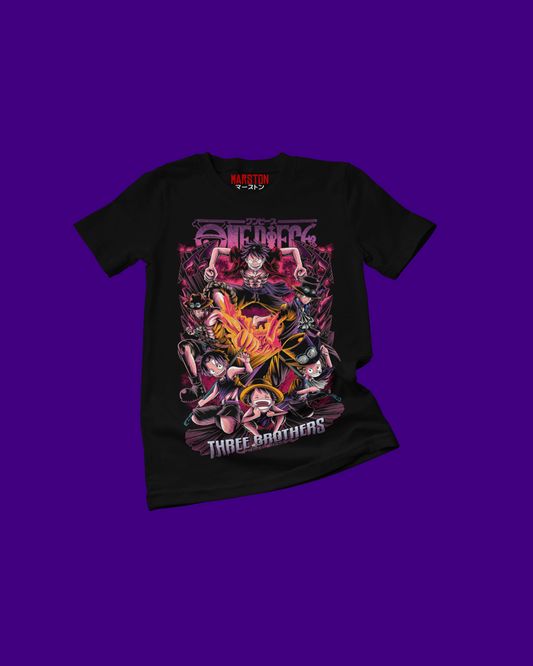 Polera negra One Piece con Portgas D. Ace, Monkey D. Luffy y Sabo