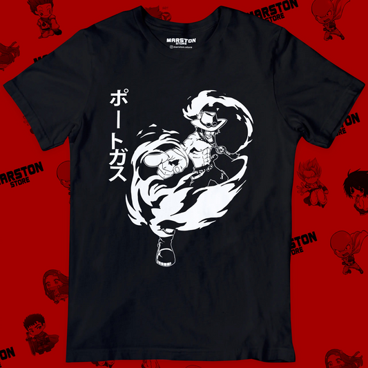 Polera negra One Piece con diseño de Portgas D. Ace
