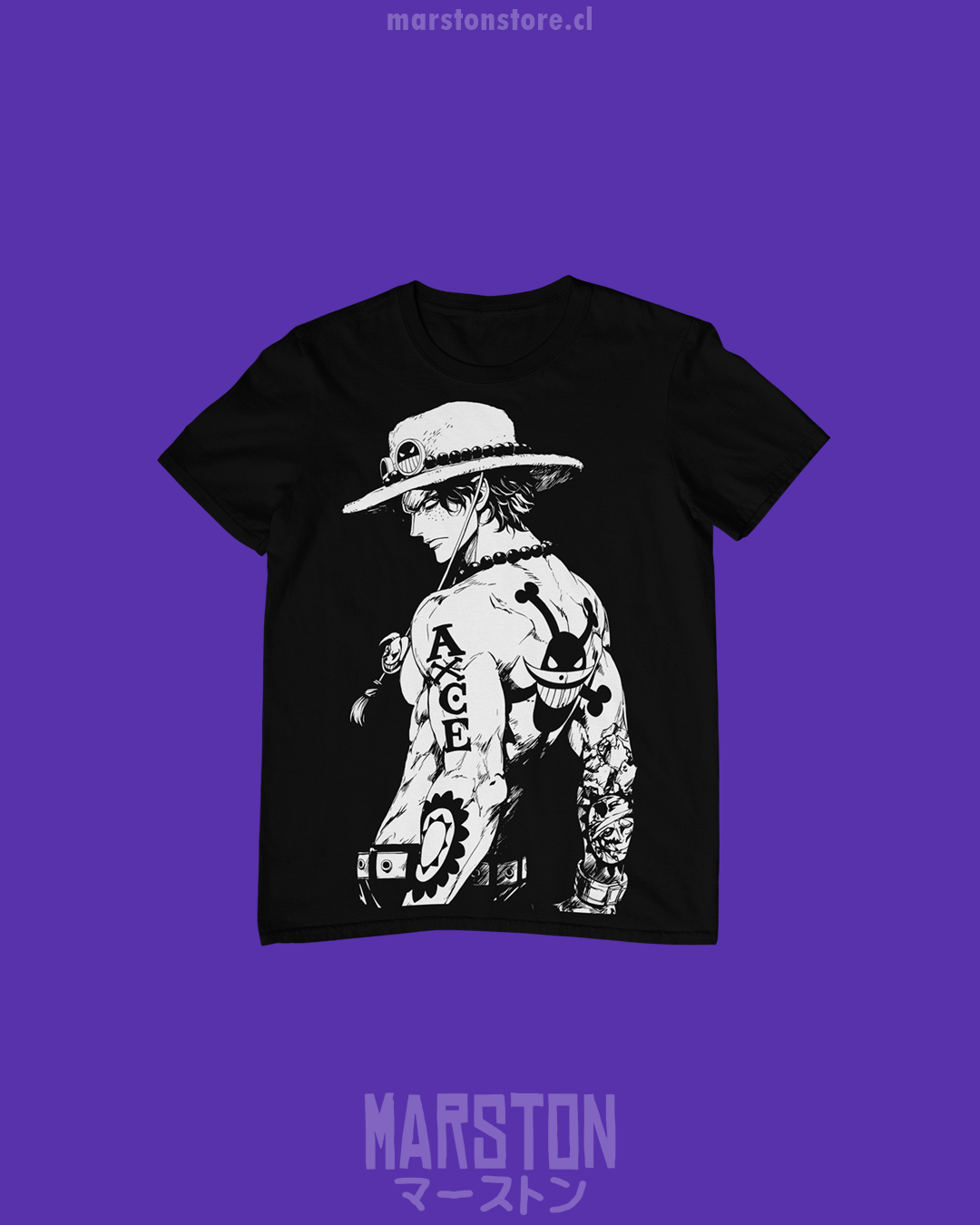 Polera negra One Piece con diseño de Portgas D. Ace