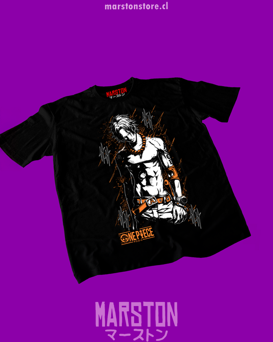 Polera negra One Piece con diseño de Portgas D. Ace