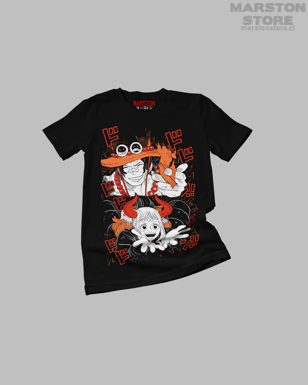 Polera negra One Piece con Portgas D. Ace y Yamato