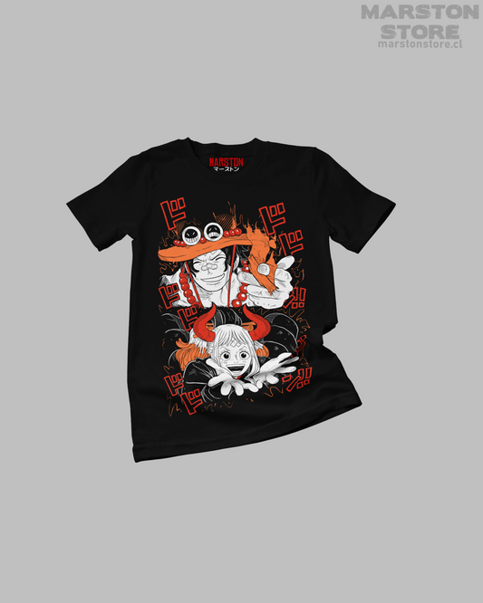 Polera negra One Piece con Portgas D. Ace y Yamato