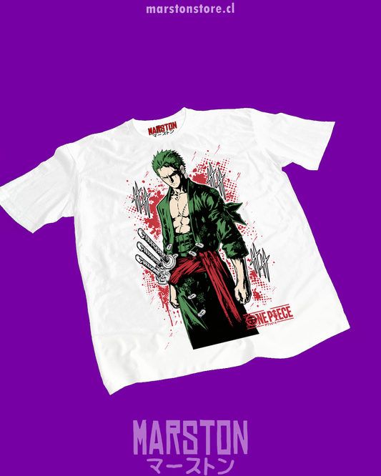 Polera blanca One Piece con diseño de Roronoa Zoro