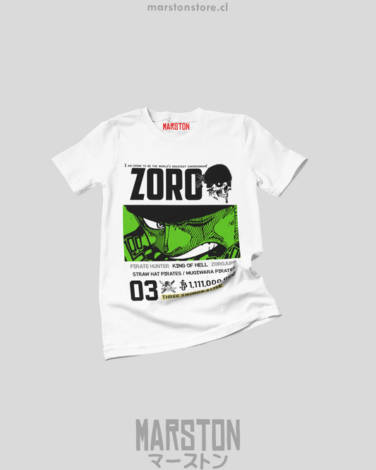 Polera blanca One Piece con diseño de Roronoa Zoro