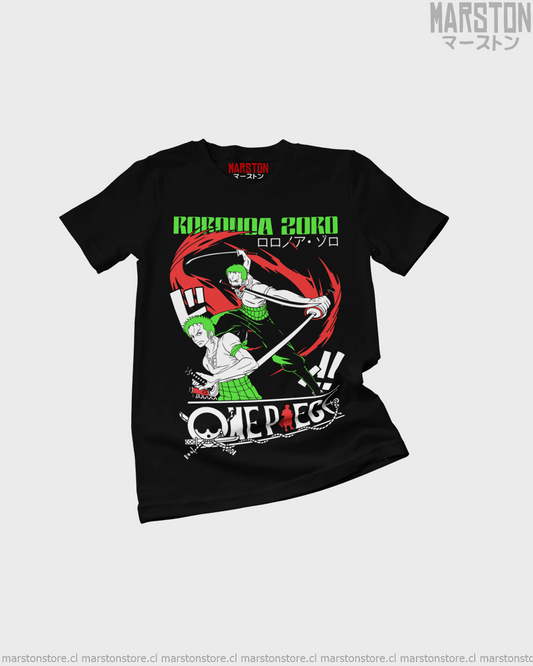 Polera negra One Piece con diseño de Roronoa Zoro