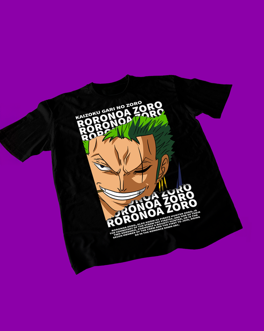 Polera negra One Piece con diseño de Roronoa Zoro