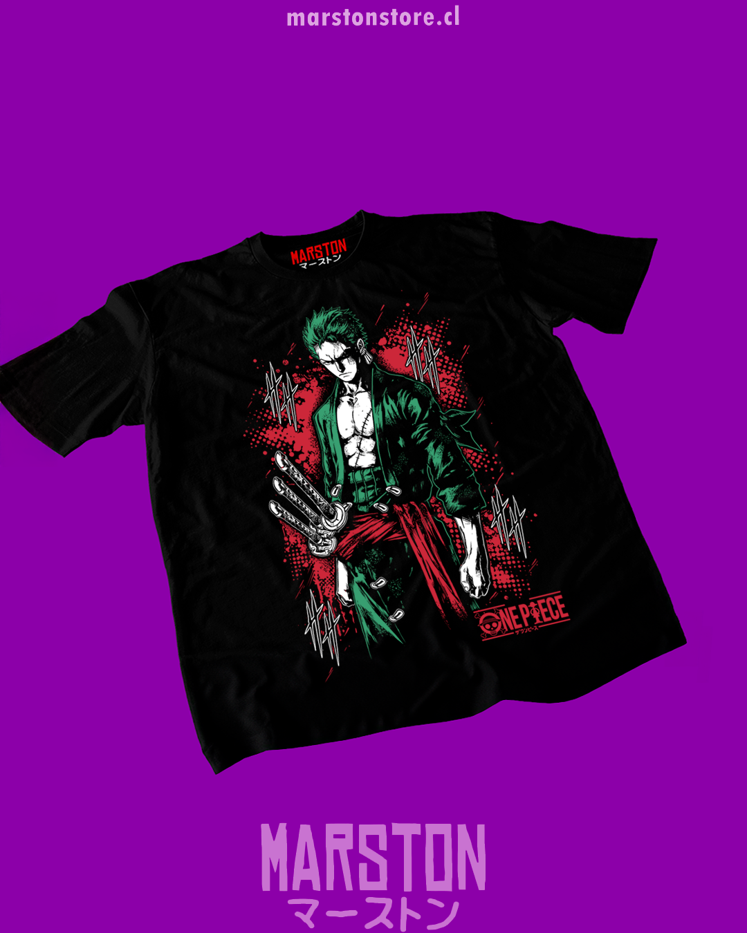 Polera negra One Piece con diseño de Roronoa Zoro