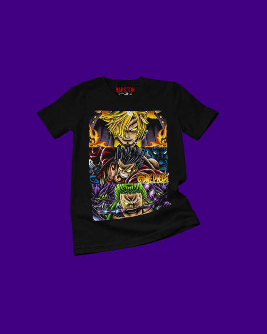Polera negra One Piece con Roronoa Zoro, Sanji y Monkey D. Luffy