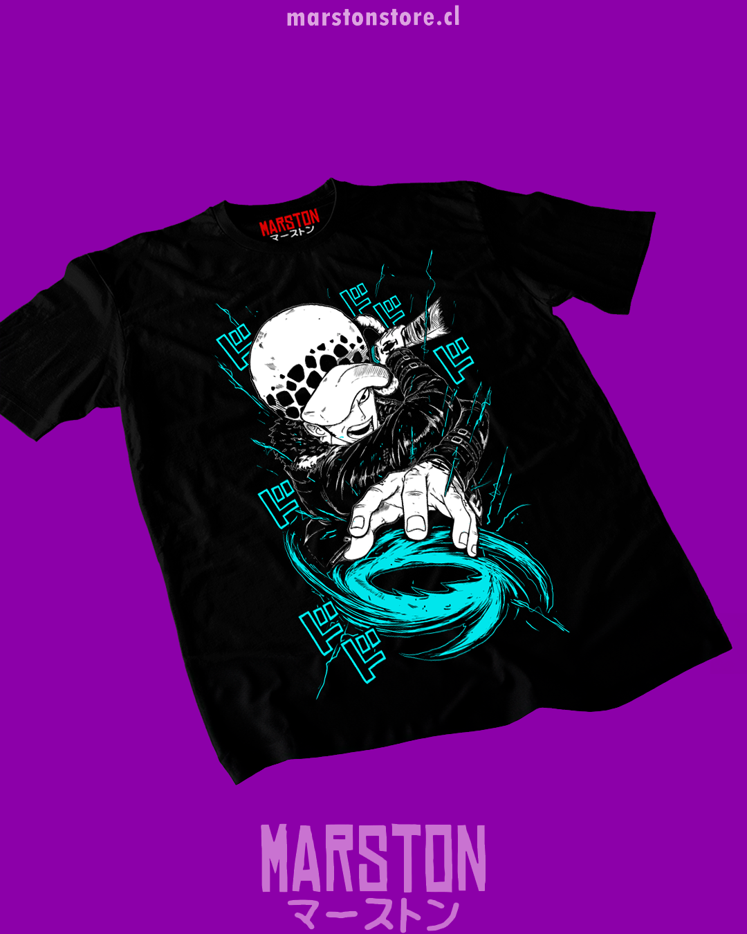 Polera negra One Piece con diseño de Trafalgar D. Water Law