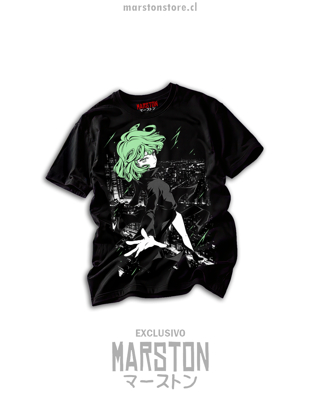 Polera negra One Punch Man con Tatsumaki en ilustración verde