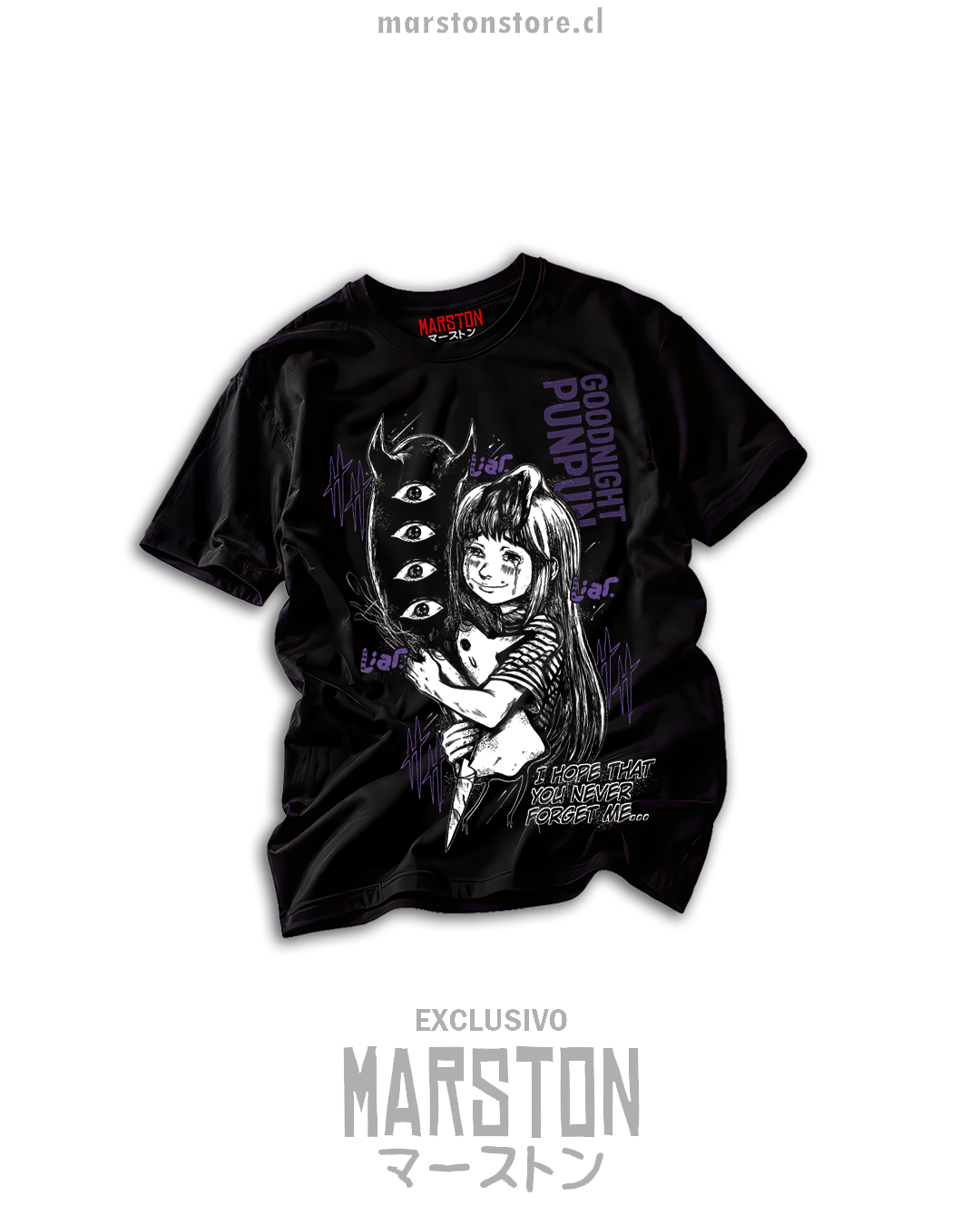 Polera negra Oyasumi Punpun con Aiko y Punpun, dibujo de manga en blanco y violeta, texto Goodnight Punpun