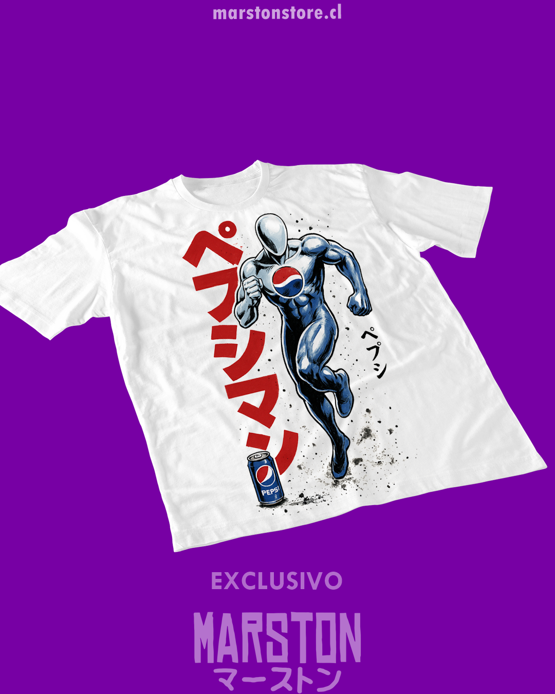 Polera blanca con diseño de Pepsiman