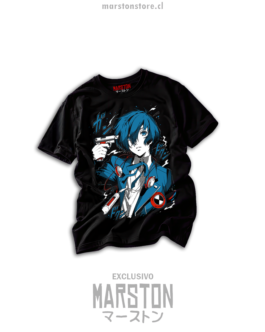 Polera negra Persona 3 con diseño de Makoto Yuki