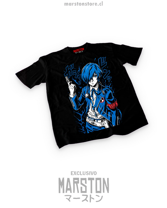 Polera negra Persona 3 con diseño de Makoto Yuki