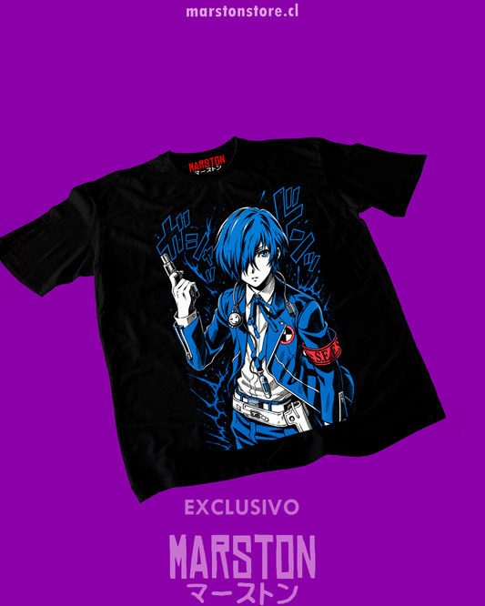 Polera negra Persona 3 con diseño de Makoto Yuki