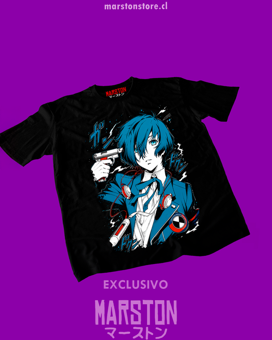 Polera negra Persona 3 con diseño de Makoto Yuki