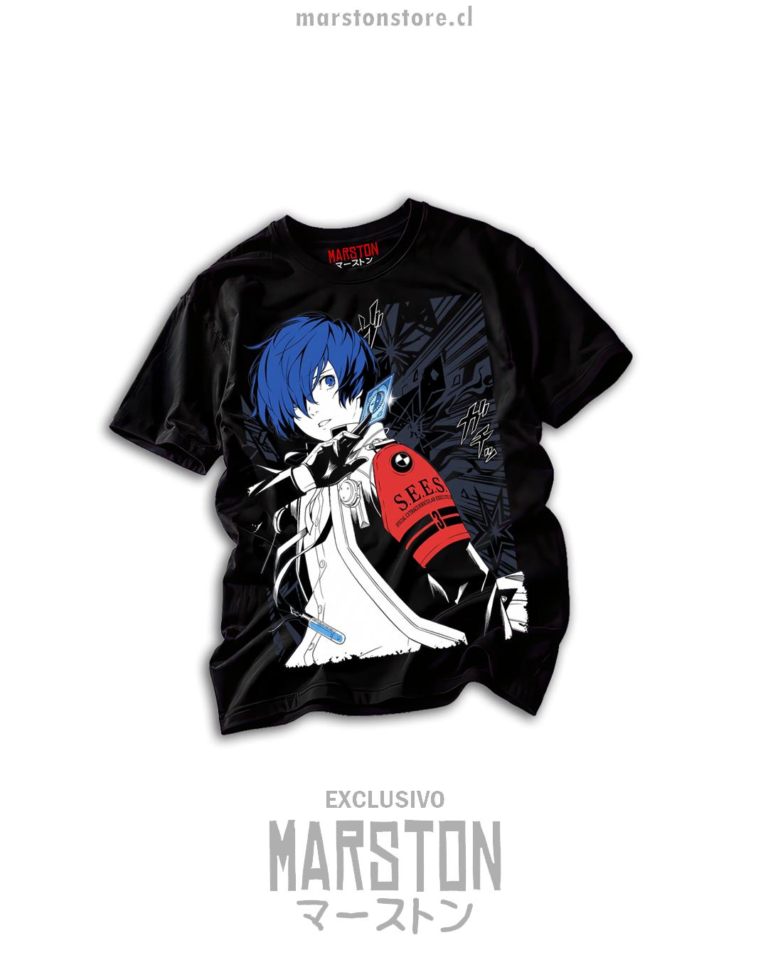 Polera negra Persona 3 con diseño de SEES