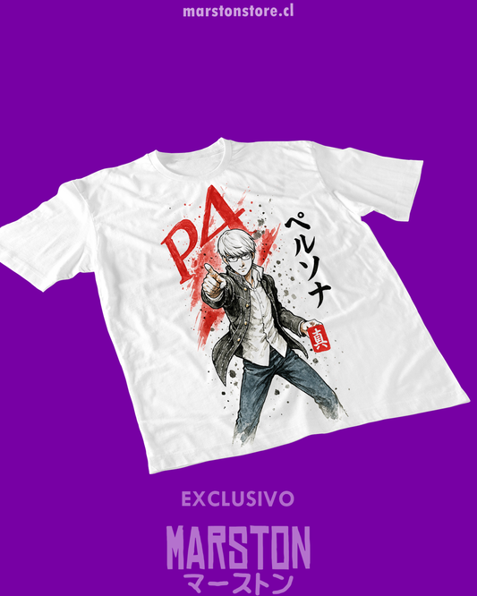 Polera blanca Persona 4 con diseño de Yu Narukami