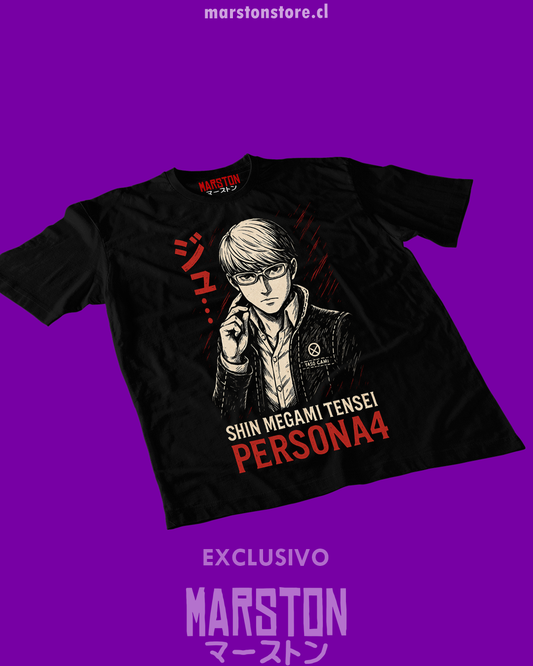 Polera negra Persona 4 con diseño de Yu Narukami
