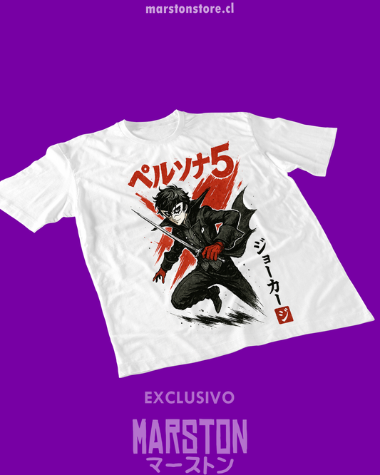 Polera blanca Persona 5 con diseño de Joker