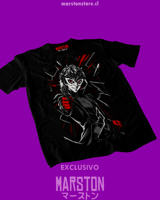 Polera negra Persona 5 con diseño de Joker