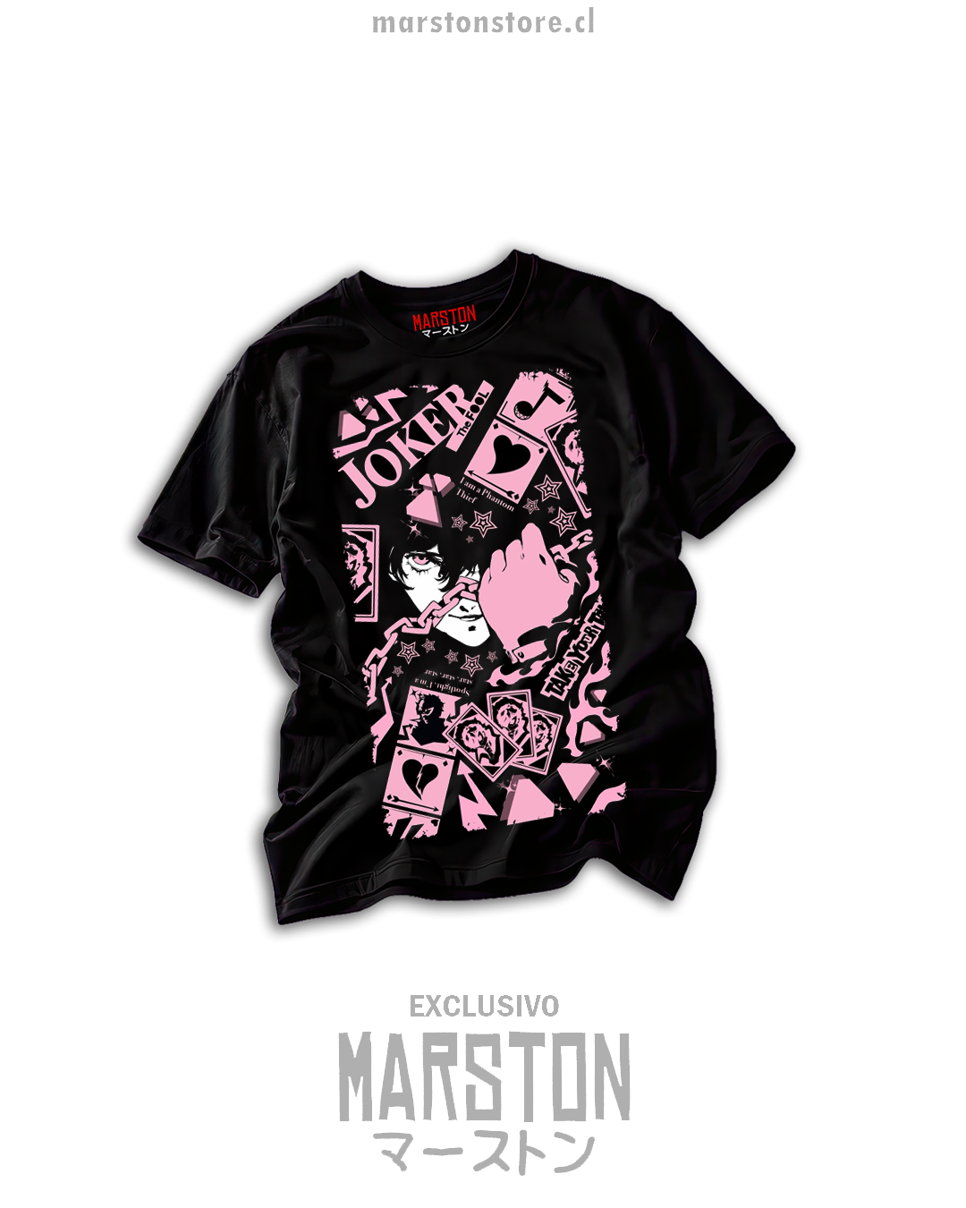 Polera negra Persona 5 con Joker en diseño rosa